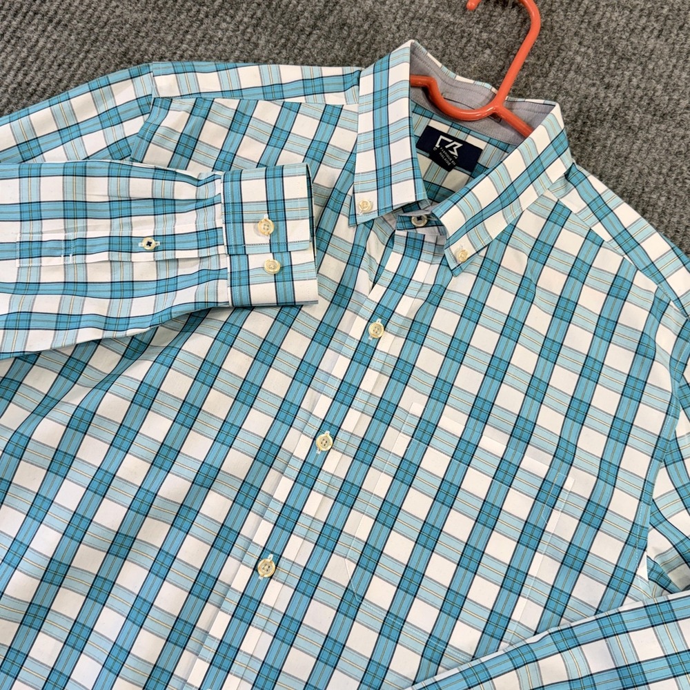 Cutter & Buck Shirt Mens Medium Blue Plaid Button Down Long Sleeve Cotton Casual